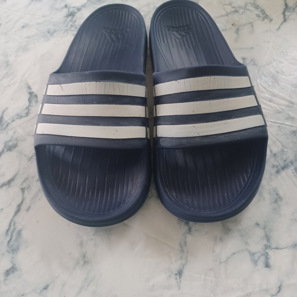 Adidas Duramo Slide Sandals Unisex Sz 8-9 Navy White Striped Athletic Flip Flops